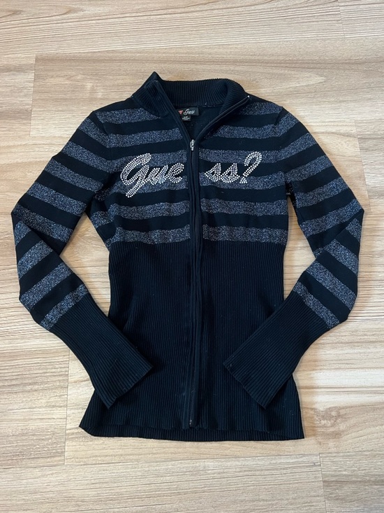 Guess Sweaters - Guess Striped Black Zip-Up Sweater w Gem Logo
